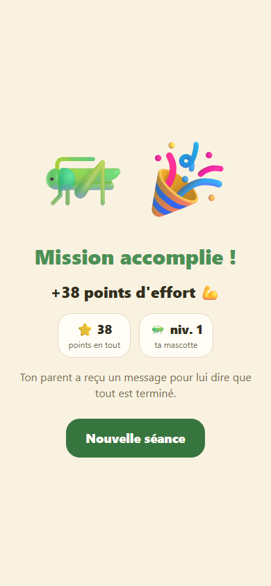 Écran de fin de séance : points d'effort, total et niveau de la mascotte