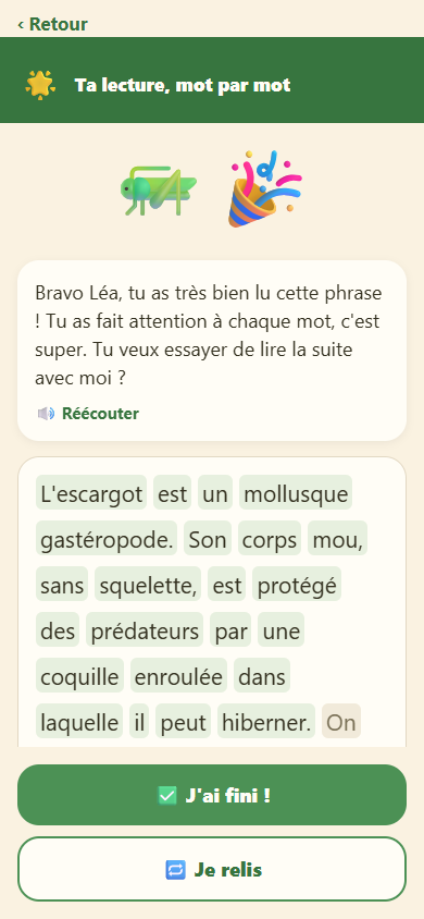 Correction de lecture : le texte coloré mot à mot en vert et rouge