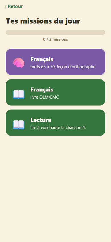 Écran des missions du jour : cartes de devoirs colorées avec jauge de progression